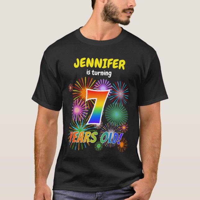 Fun Fireworks, Rainbow Look "7", 7th Birthday T-Shirt (Front)