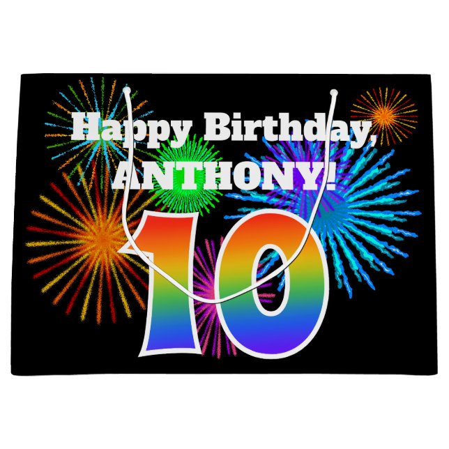 Fun Fireworks + Rainbow Pattern "10" Birthday # Large Gift Bag (Front)