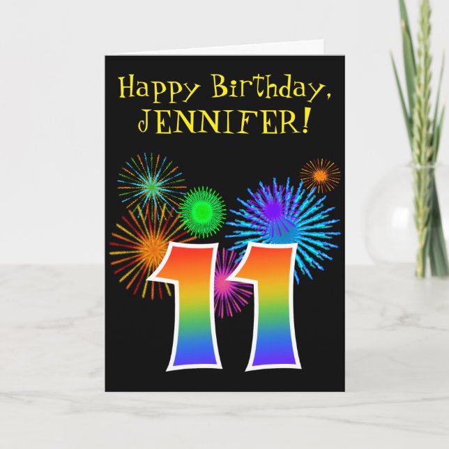 Fun Fireworks + Rainbow Pattern "11" Birthday # Card (Front)