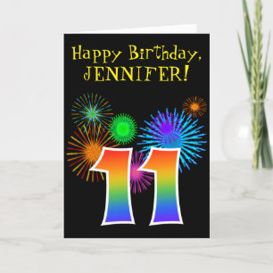 Fun Fireworks + Rainbow Pattern "11" Birthday # Card