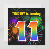 Fun Fireworks + Rainbow Pattern "11" Birthday #