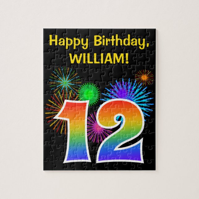 Fun Fireworks + Rainbow Pattern "12" Birthday # Jigsaw Puzzle (Vertical)