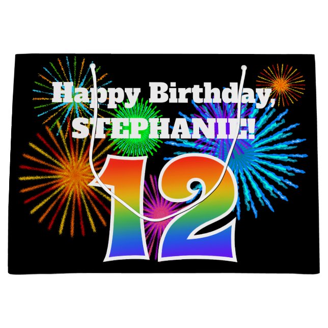 Fun Fireworks + Rainbow Pattern "12" Birthday # Large Gift Bag (Front)