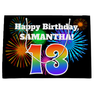 Fun Fireworks + Rainbow Pattern "13" Birthday # Large Gift Bag