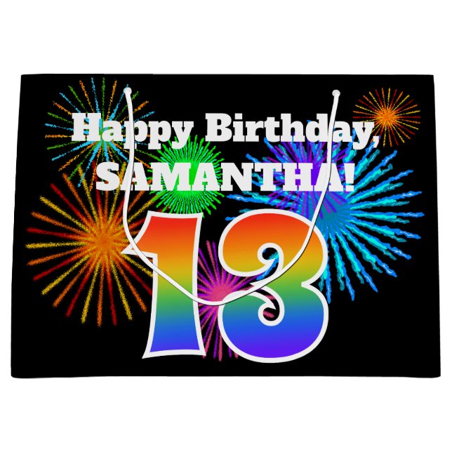 Fun Fireworks + Rainbow Pattern "13" Birthday # Large Gift Bag (Front)