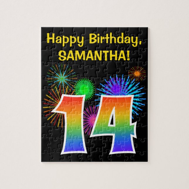 Fun Fireworks + Rainbow Pattern "14" Birthday # Jigsaw Puzzle (Vertical)