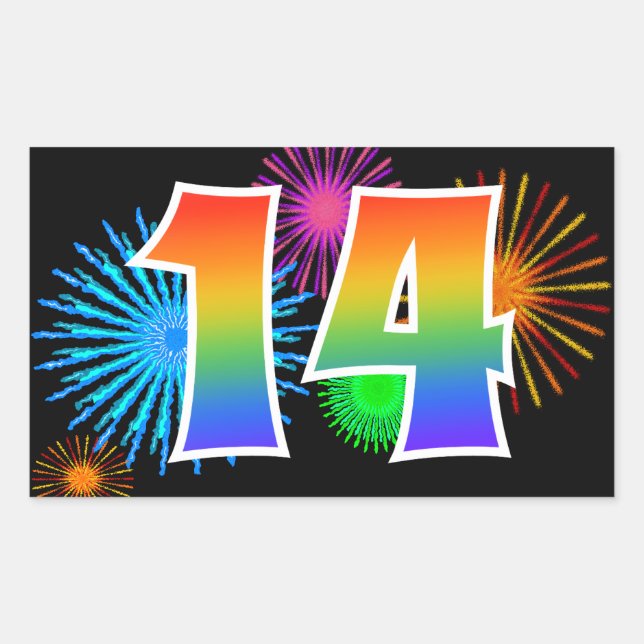 Fun Fireworks + Rainbow Pattern "14" Event Number Rectangular Sticker (Front)