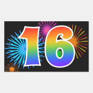 Fun Fireworks + Rainbow Pattern "16" Event Number Rectangular Sticker