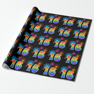 Fun Fireworks + Rainbow Pattern "16" Event Number Wrapping Paper