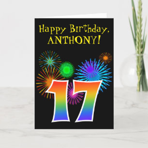 Fun Fireworks + Rainbow Pattern "17" Birthday # Card