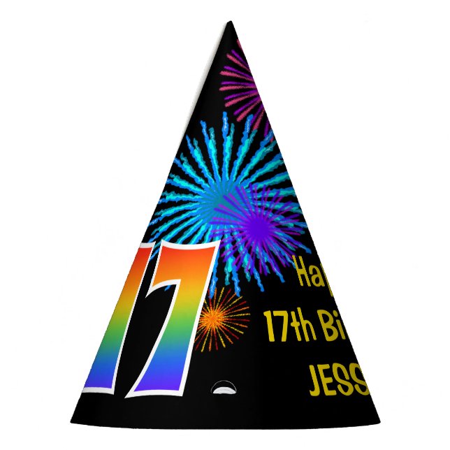 Fun Fireworks + Rainbow Pattern "17" Birthday # Party Hat (Left)
