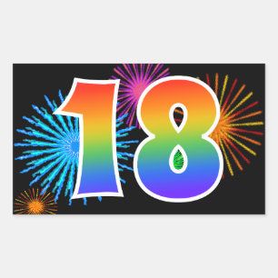 Fun Fireworks + Rainbow Pattern "18" Event Number Rectangular Sticker
