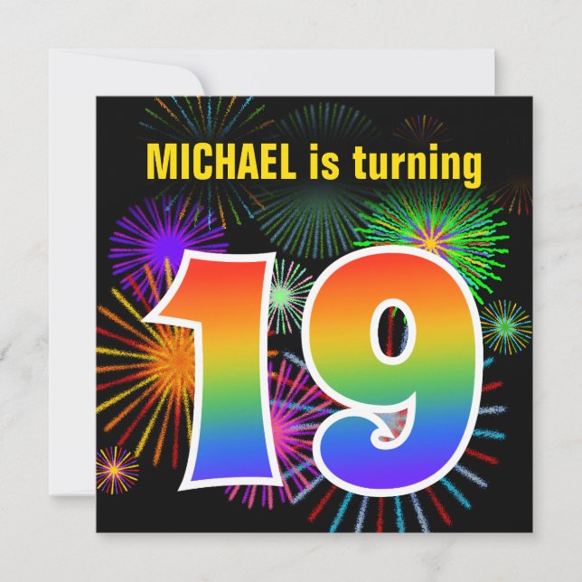Fun Fireworks + Rainbow Pattern "19" Birthday # Invitation (Front)