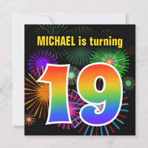 Fun Fireworks + Rainbow Pattern "19" Birthday # Invitation