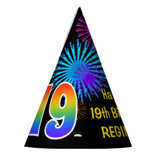 Fun Fireworks + Rainbow Pattern "19" Birthday # Party Hat