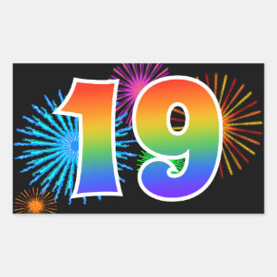 Fun Fireworks + Rainbow Pattern "19" Event Number Rectangular Sticker
