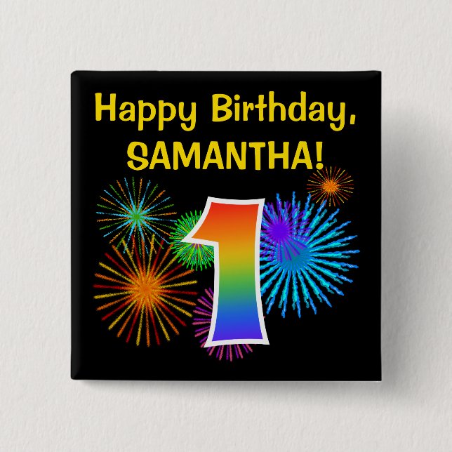 Fun Fireworks + Rainbow Pattern "1" Birthday # 15 Cm Square Badge (Front)