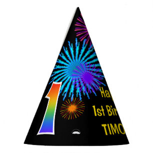 Fun Fireworks + Rainbow Pattern "1" Birthday # Party Hat