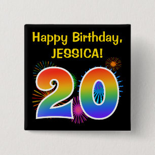 Fun Fireworks + Rainbow Pattern "20" Birthday # 15 Cm Square Badge