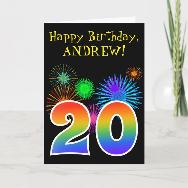 Fun Fireworks + Rainbow Pattern "20" Birthday # Card (Front)