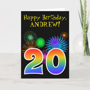 Fun Fireworks + Rainbow Pattern "20" Birthday # Card