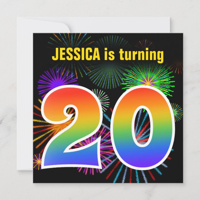 Fun Fireworks + Rainbow Pattern "20" Birthday # Invitation (Front)