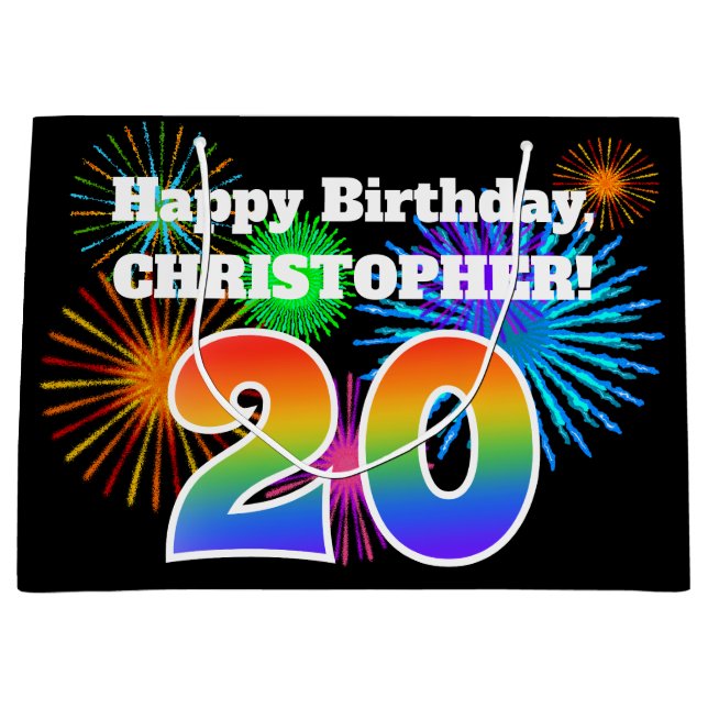 Fun Fireworks + Rainbow Pattern "20" Birthday # Large Gift Bag (Front)