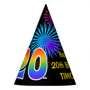 Fun Fireworks + Rainbow Pattern "20" Birthday # Party Hat