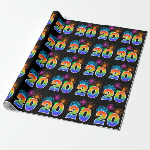 Fun Fireworks + Rainbow Pattern "20" Event Number Wrapping Paper