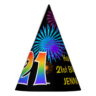 Fun Fireworks + Rainbow Pattern "21" Birthday # Party Hat