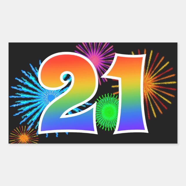 Fun Fireworks + Rainbow Pattern "21" Event Number Rectangular Sticker (Front)