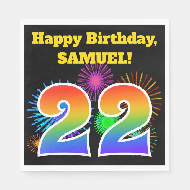 Fun Fireworks + Rainbow Pattern "22" Birthday # Napkin (Front)