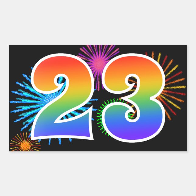Fun Fireworks + Rainbow Pattern "23" Event Number Rectangular Sticker (Front)
