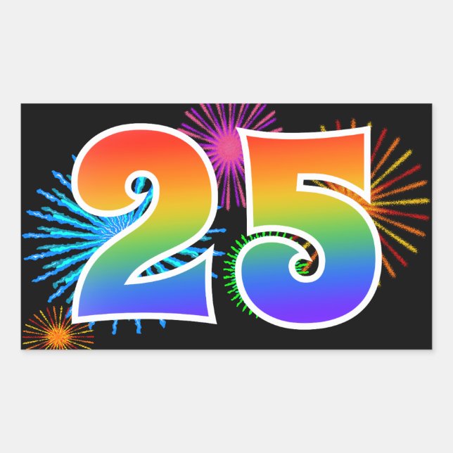 Fun Fireworks + Rainbow Pattern "25" Event Number Rectangular Sticker (Front)