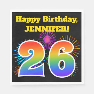 Fun Fireworks + Rainbow Pattern "26" Birthday # Napkin