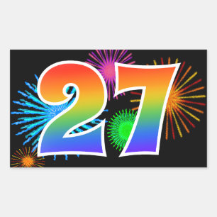 Fun Fireworks + Rainbow Pattern "27" Event Number Rectangular Sticker