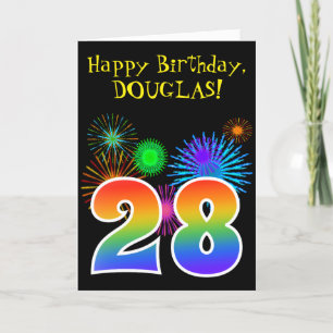 Fun Fireworks + Rainbow Pattern "28" Birthday # Card