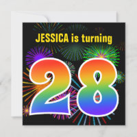 Fun Fireworks + Rainbow Pattern "28" Birthday #