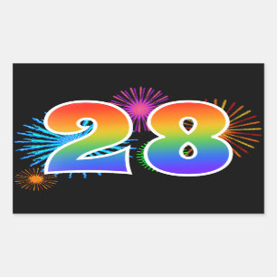 Fun Fireworks + Rainbow Pattern "28" Event Number Rectangular Sticker