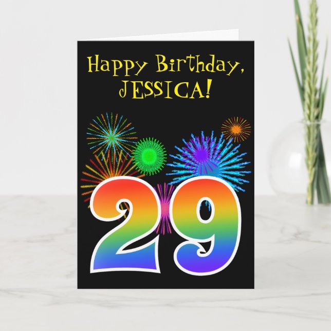 Fun Fireworks + Rainbow Pattern "29" Birthday # Card (Front)