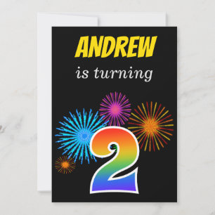 Fun Fireworks + Rainbow Pattern "2" Birthday # Invitation