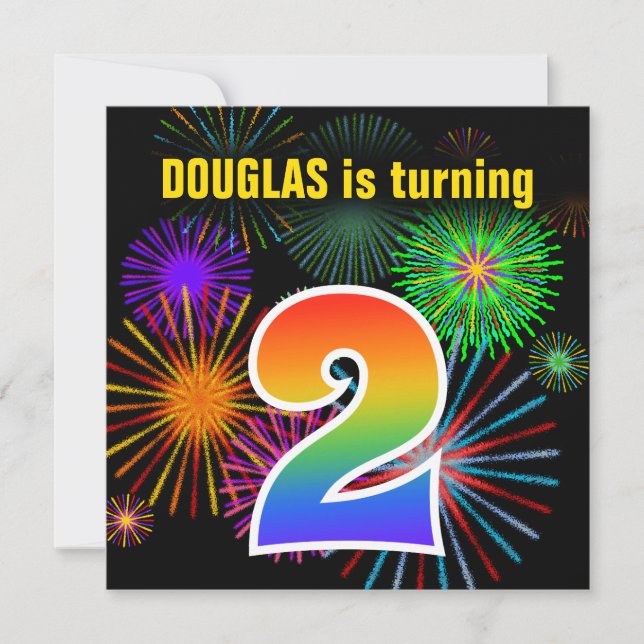 Fun Fireworks + Rainbow Pattern "2" Birthday # Invitation (Front)