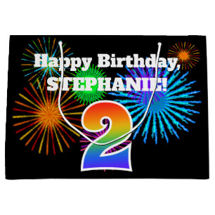 Fun Fireworks + Rainbow Pattern "2" Birthday # Large Gift Bag