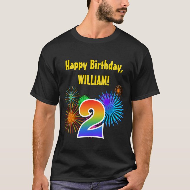 Fun Fireworks + Rainbow Pattern "2" Birthday # T-Shirt (Front)