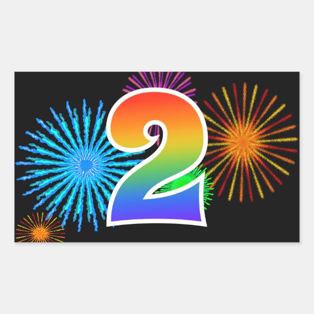 Fun Fireworks + Rainbow Pattern "2" Event Number Rectangular Sticker (Front)