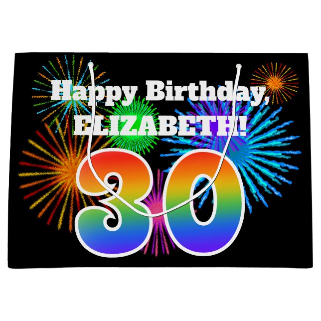 Fun Fireworks + Rainbow Pattern "30" Birthday # Large Gift Bag (Front)