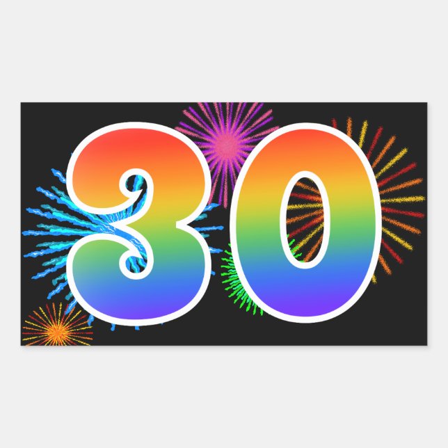 Fun Fireworks + Rainbow Pattern "30" Event Number Rectangular Sticker (Front)