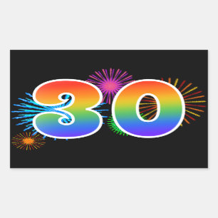 Fun Fireworks + Rainbow Pattern "30" Event Number Rectangular Sticker