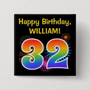 Fun Fireworks + Rainbow Pattern "32" Birthday # 15 Cm Square Badge