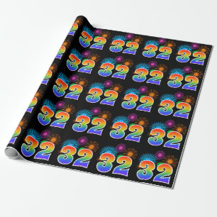 Fun Fireworks + Rainbow Pattern "32" Event Number Wrapping Paper